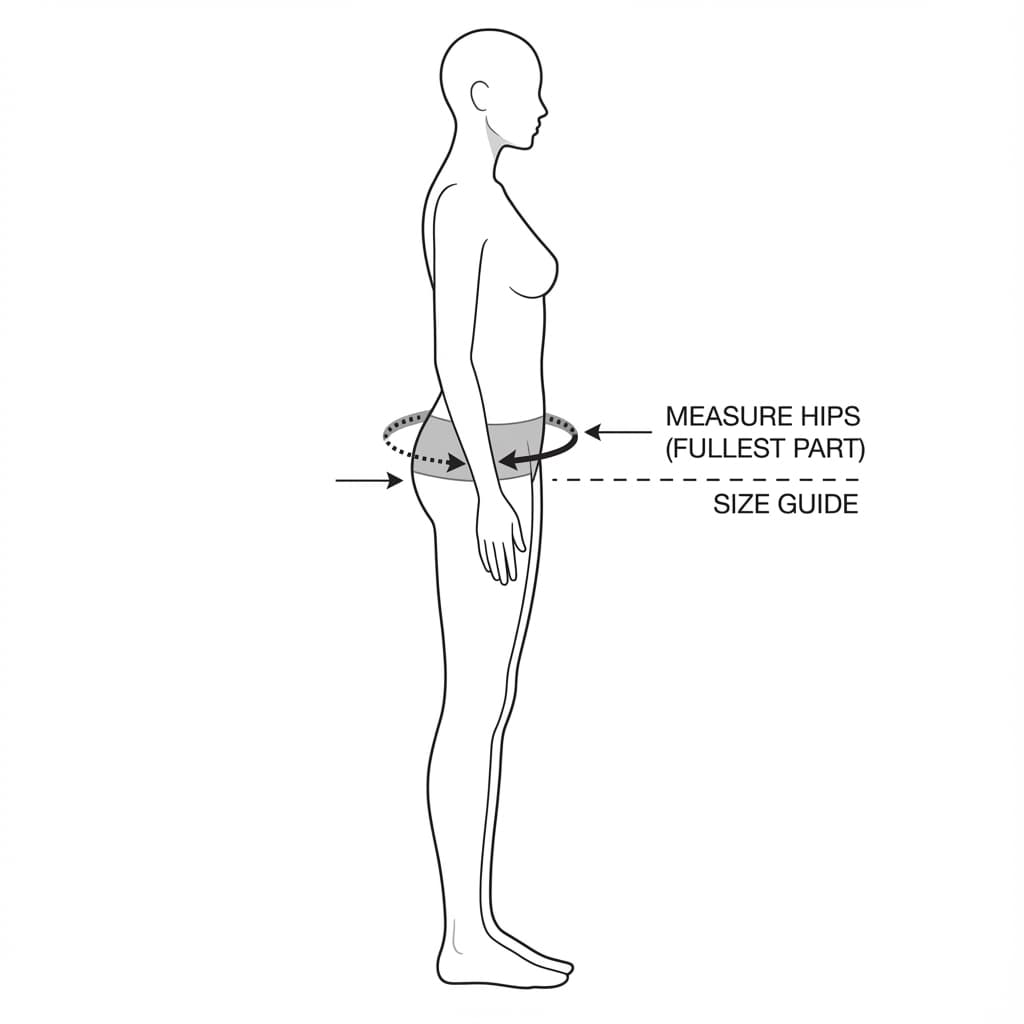 How to measure hips for clothing size - measuring tape around fullest part of hips and seat