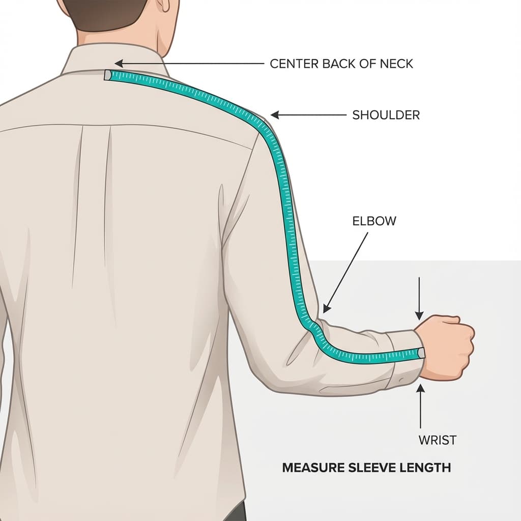 How to measure sleeve length for clothing size - from neck center over shoulder to wrist