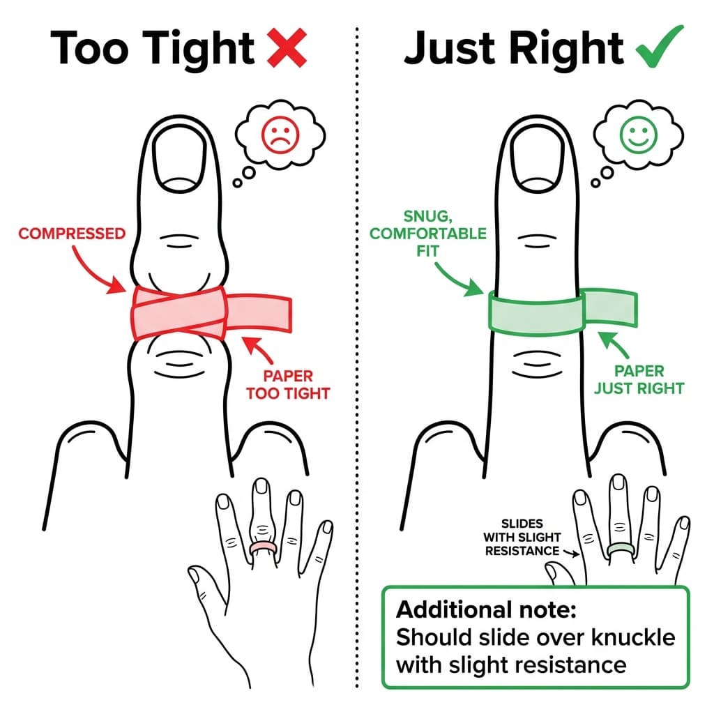 Comparison showing incorrect (too tight) vs correct (snug fit) ring measurement technique with paper around finger