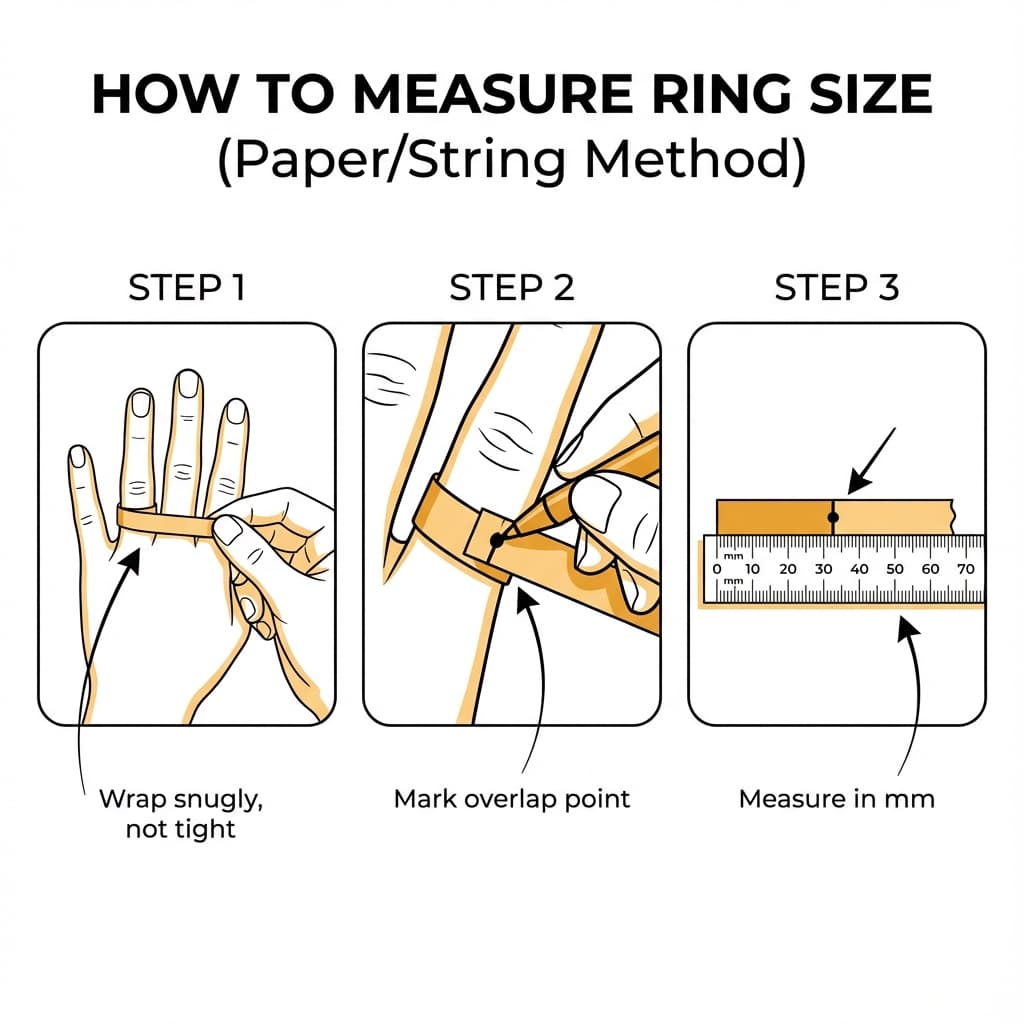 Step-by-step guide showing how to measure ring size using paper or string method: wrap around finger, mark overlap, measure length in millimeters